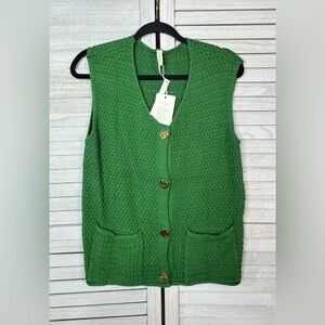 Evaless  Green Knit Cardigan Vest. NWT. Size Small. Gold Buttons.